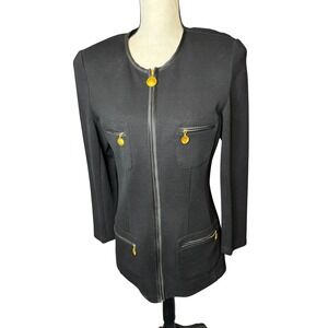 Andrea Jovine Black 100% Wool Zip Front Jacket Gold Coin Pulls Size M